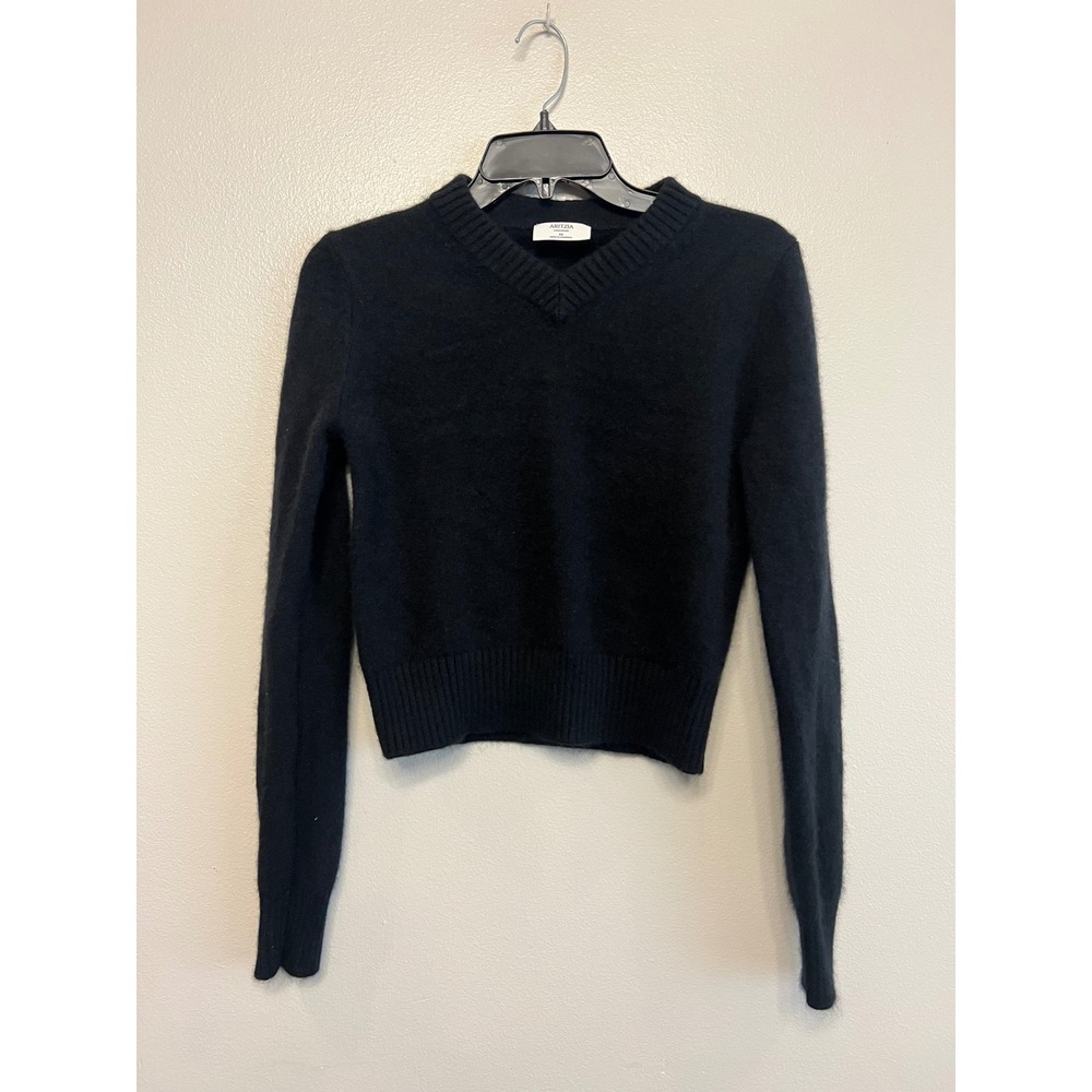 Aritzia Cashmere V-Neck Cropped Sweater Black XS Winter Cozy Warm Minimalist Lux